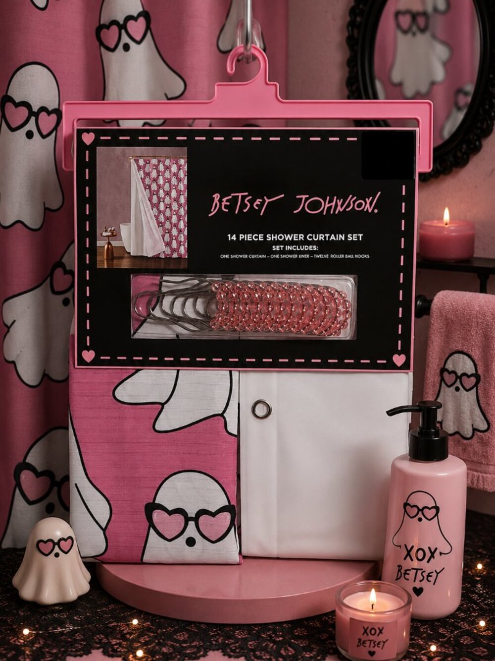NIP Betsey Johnson Pink Halloween Ghost Shower Curtain Set 14 Pc Sunglasses